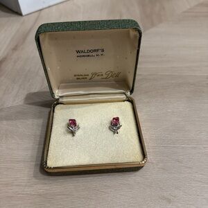 Vintage clip on Sterling Silver Pink Rose Stud Earrings